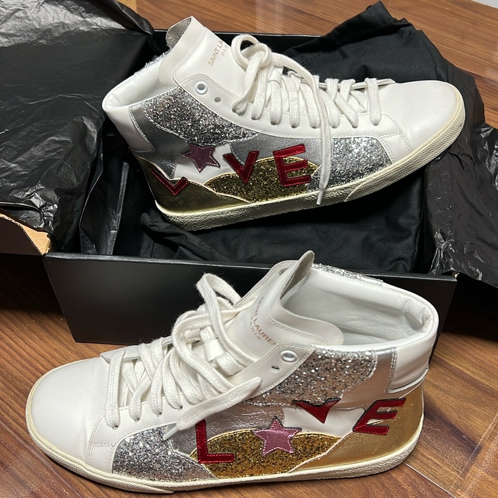 Saint Laurent Love Sneakers white, gold and silver leather size 40